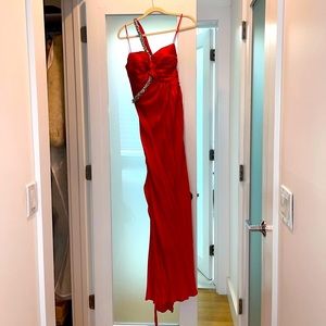 Red Draped Silk Gown with Embellished Neckline